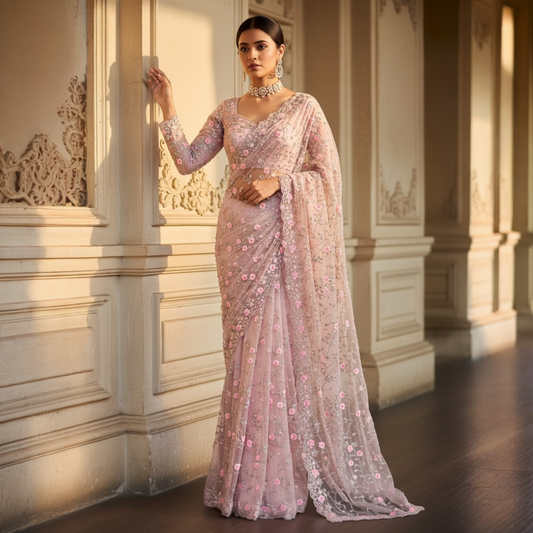 Soft net saree with blouse and dupatta set