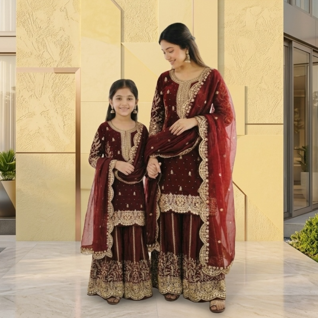 Heavy Embroidered Mother-Daughter Sharara Combo set