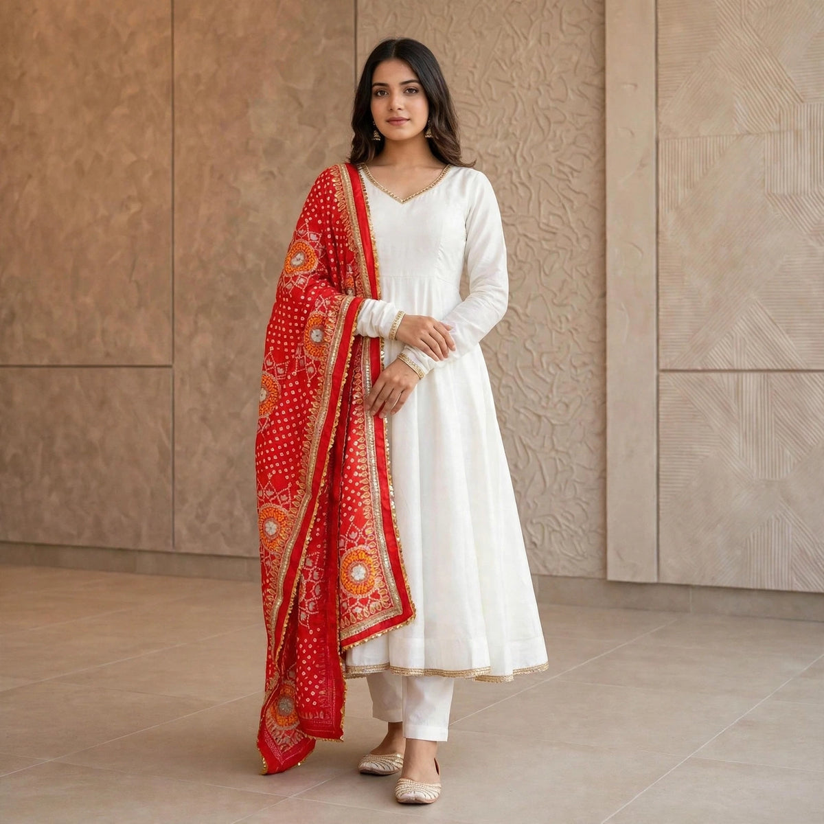 Less worked Anarkali suit with Bandhani dupatta