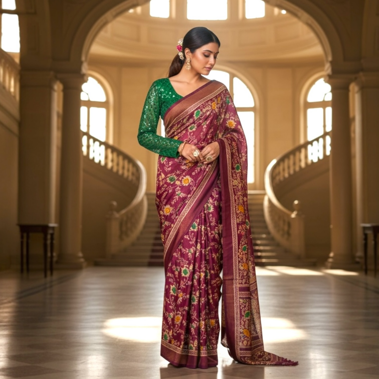 Lightweight floral print saree only