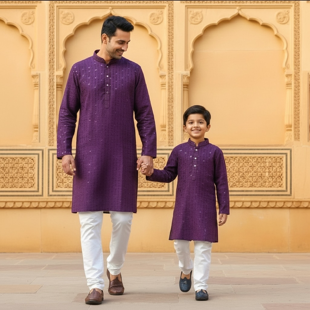 Chikankari father-son family combo set