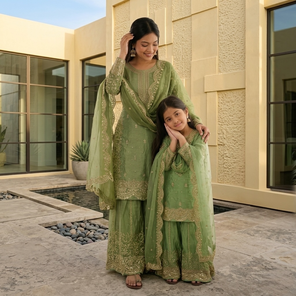 Heavy Embroidered Mother-Daughter Sharara Combo set