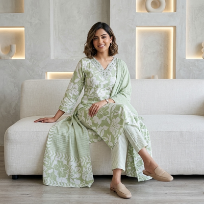 Straight-cut with a V-neck design kurta set