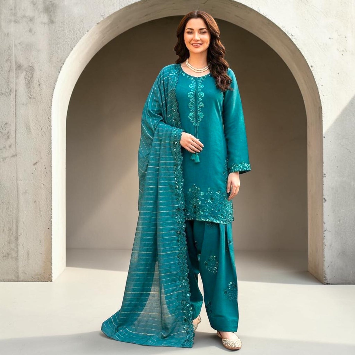 Embroidered Suit Set with Farshi Plazo & Jacquard Dupatta