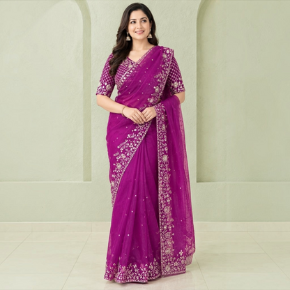Pre-pleated Sequence and thread work saree and blouse set