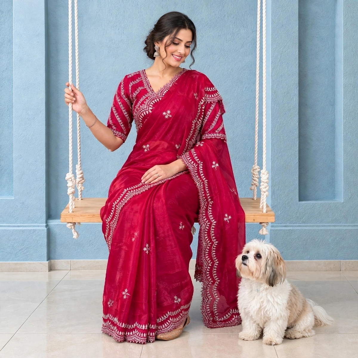 Trefoil embroidered pre-pleated saree and blouse set