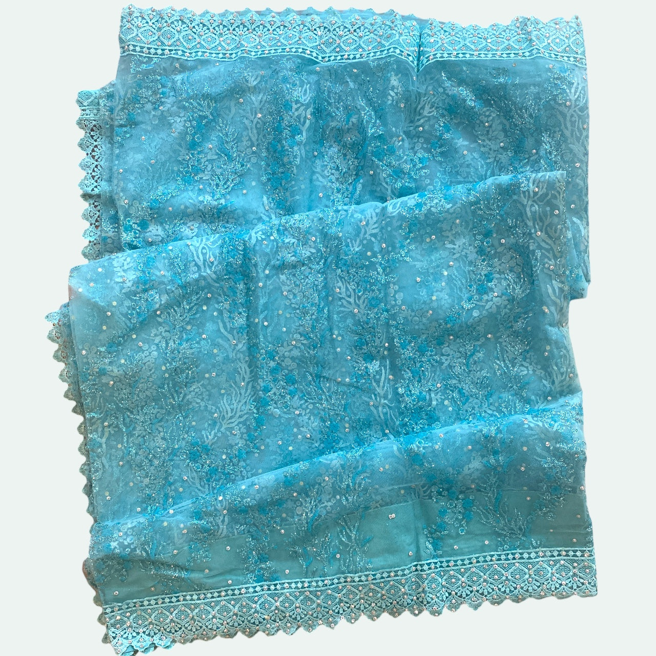 Net saree and blouse set with glitter and thread work