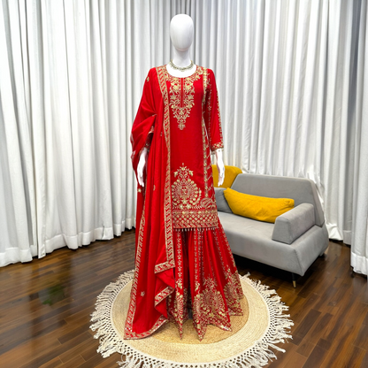 Embroidered Sharara Set with Lace Border Dupatta