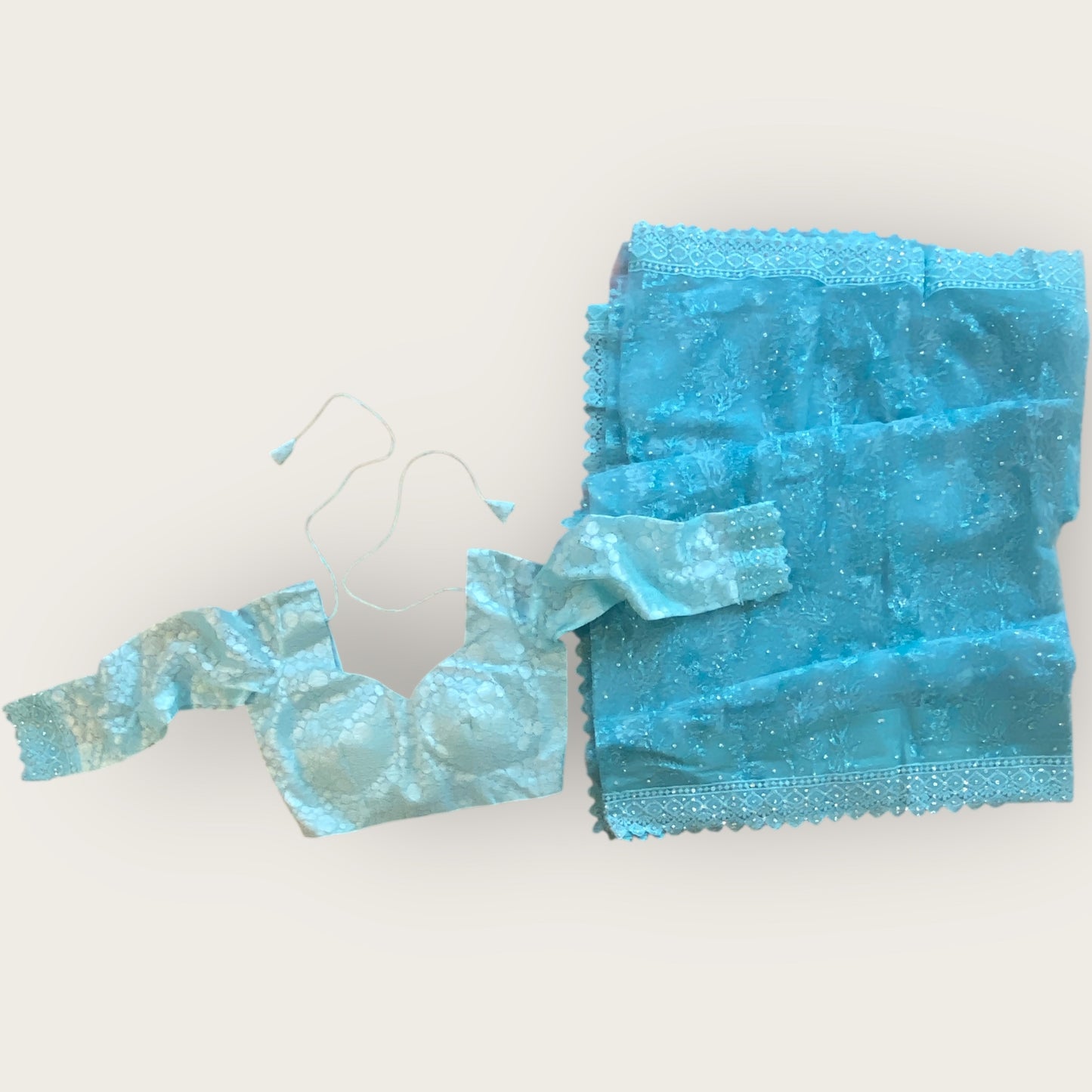 Net saree and blouse set with glitter and thread work