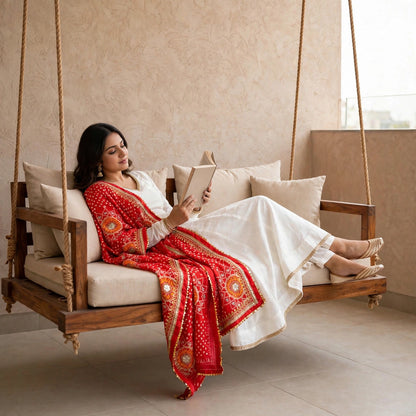 Less worked Anarkali suit with Bandhani dupatta