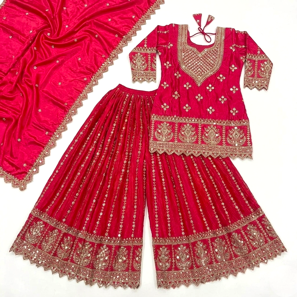 Heavy embroidered short top sharara suit set