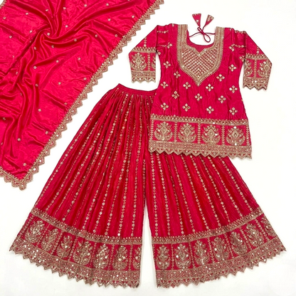 Heavy embroidered short top sharara suit set