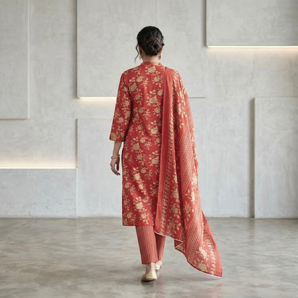 Floral Print Mirror Work Straight Kurta Set