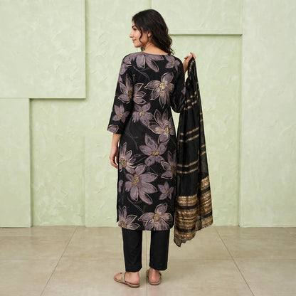 Lily-print noir straight kurta set