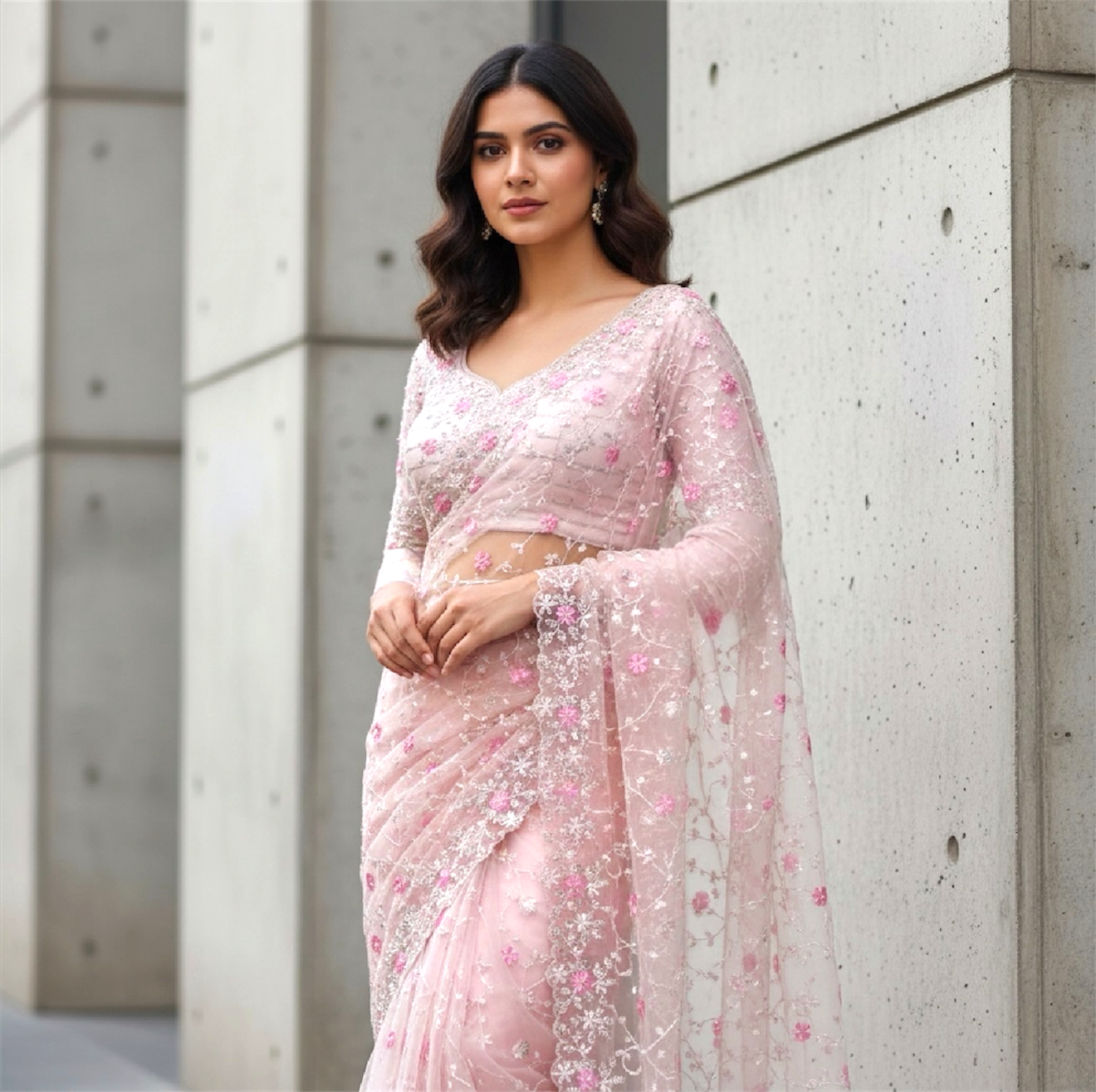 Soft net saree with blouse and dupatta set