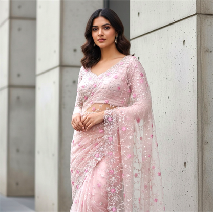 Soft net saree with blouse and dupatta set
