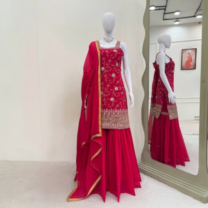 Sequin embroidery sleeveless sharara suit