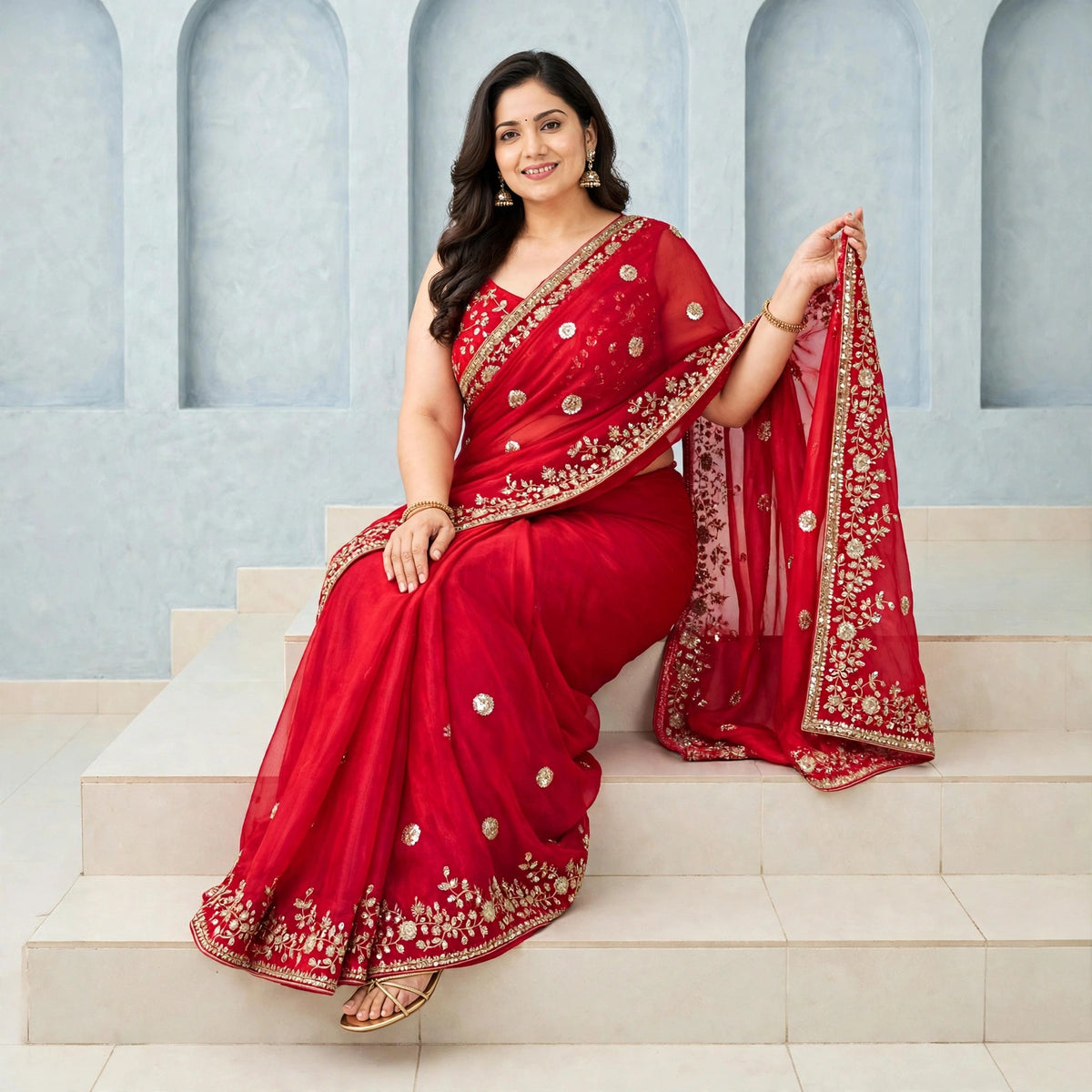 Sequins Embroidered Saree and sleeveless stitched blouse set