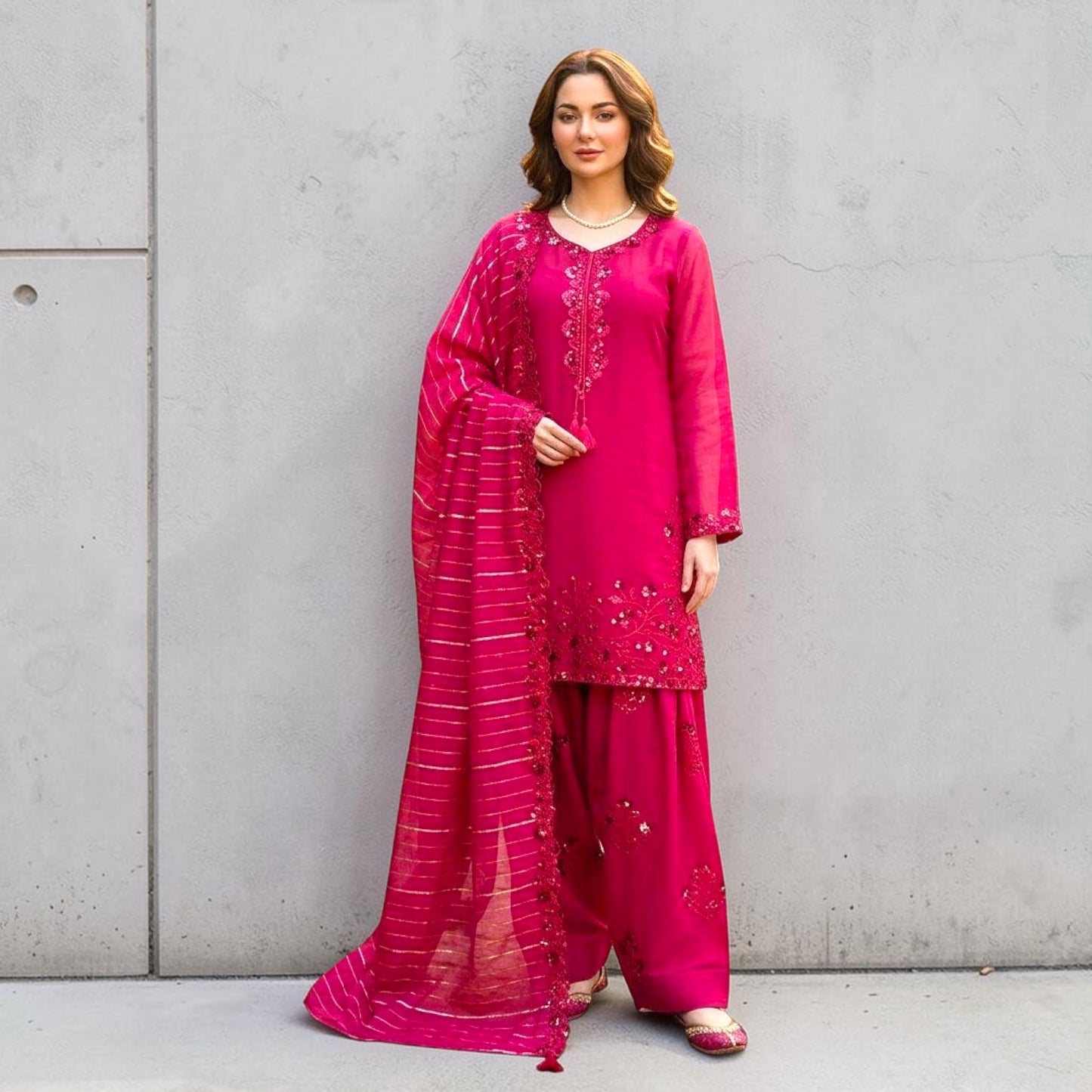 Embroidered Suit Set with Farshi Plazo & Jacquard Dupatta