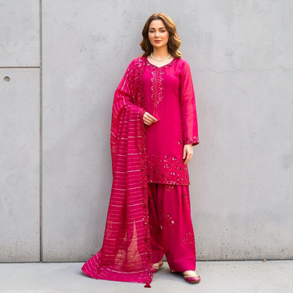 Embroidered Suit Set with Farshi Plazo & Jacquard Dupatta