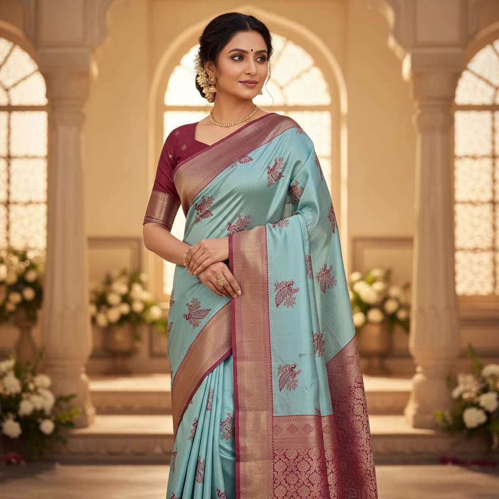 Mayur print semi ikkat saree