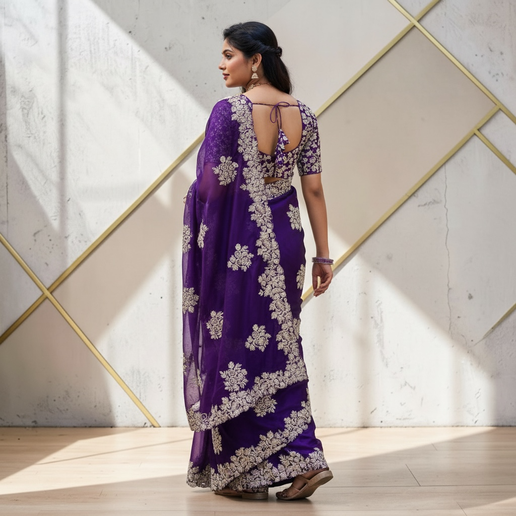 Silver embroidery and sequin work saree set
