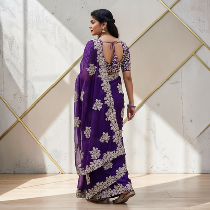 Silver embroidery and sequin work saree set