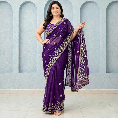 Sequins Embroidered Saree and sleeveless stitched blouse set