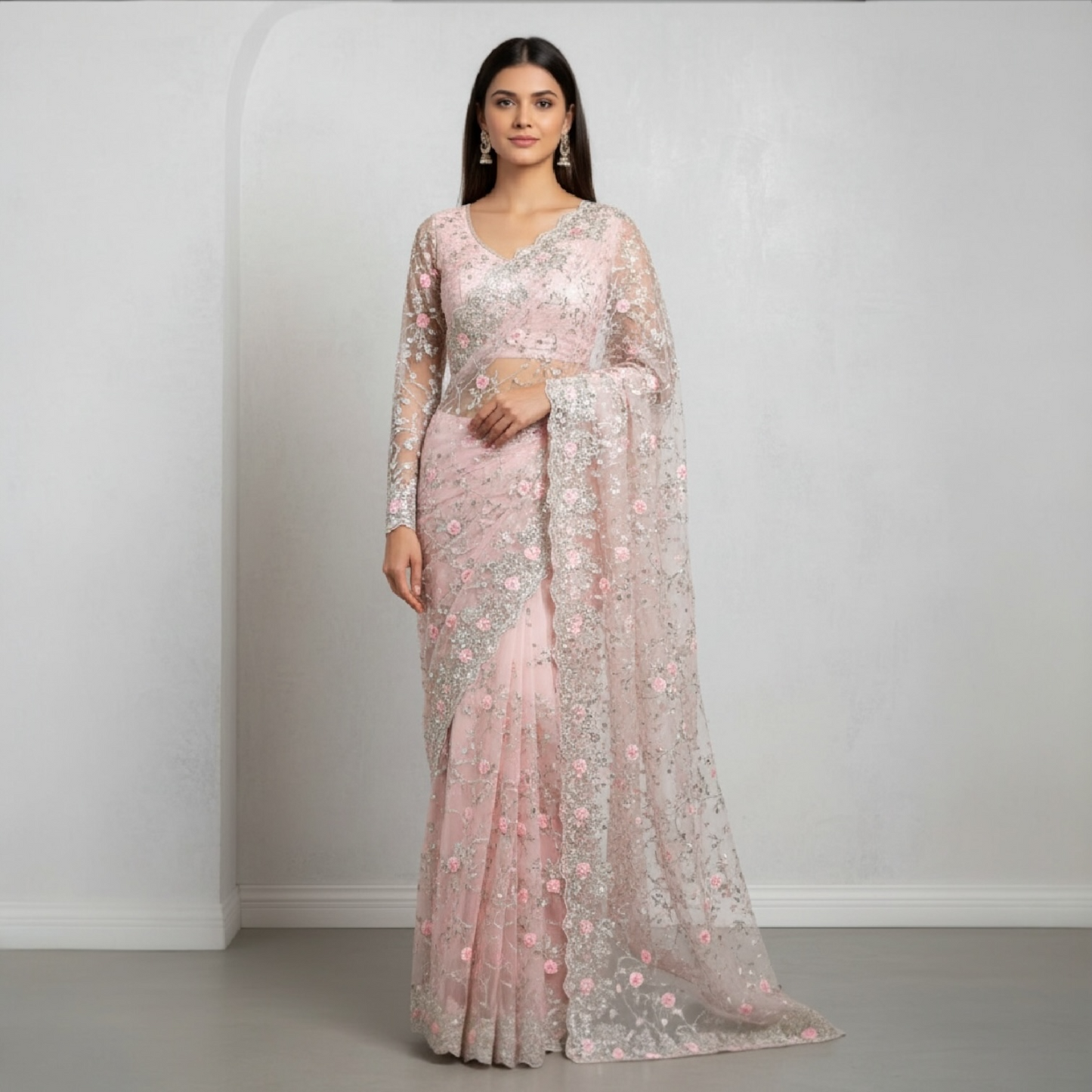 Soft net saree with blouse and dupatta set
