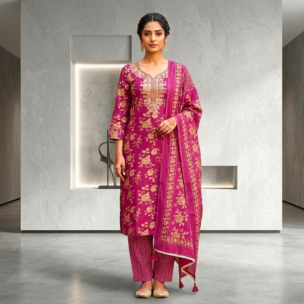 Floral Print Mirror Work Straight Kurta Set