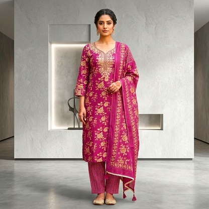 Floral Print Mirror Work Straight Kurta Set