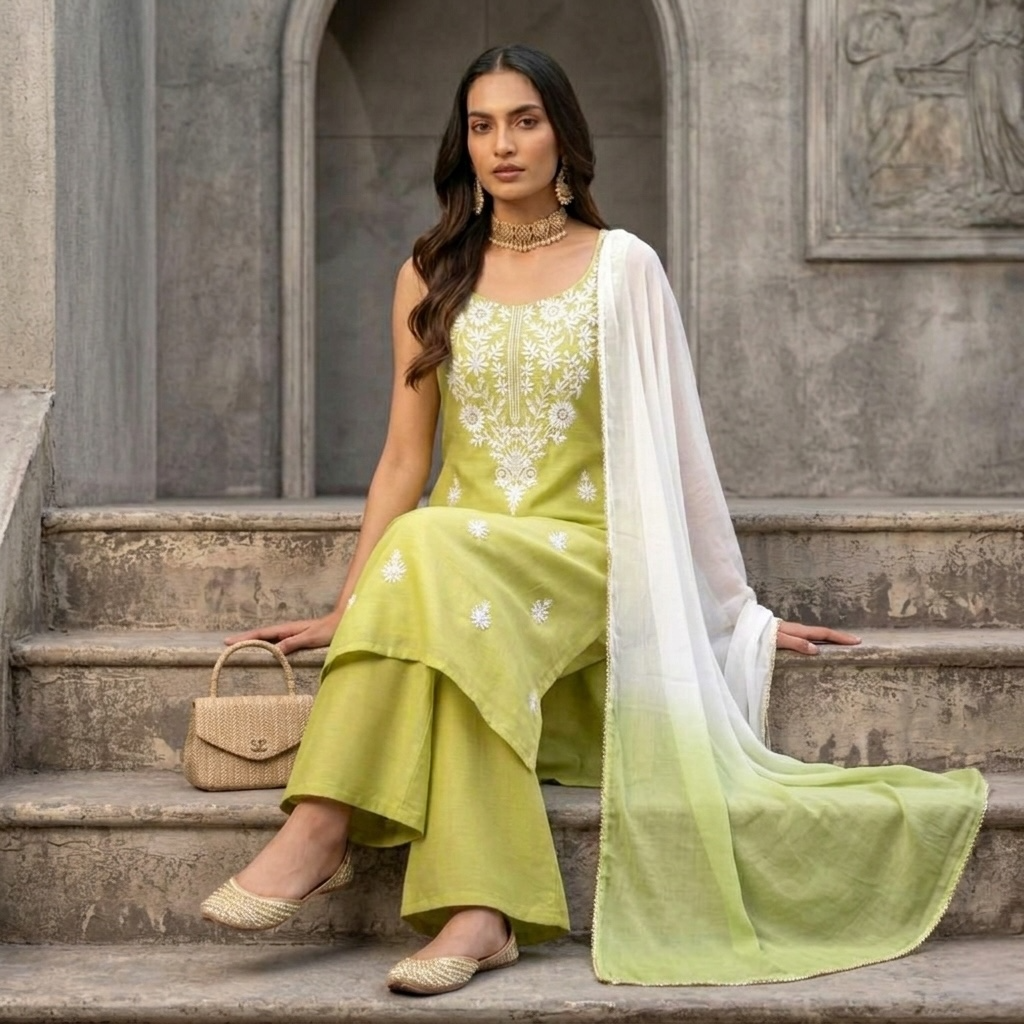 Sleeveless chikankari summer kurta set