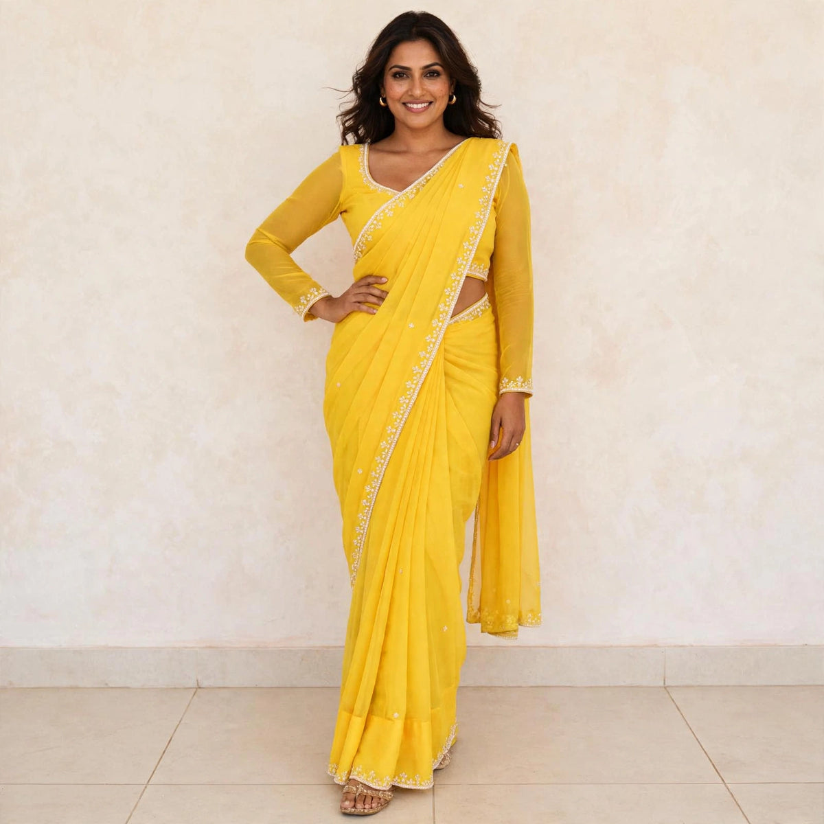 manually stitched pre-pleated saree and blouse sets