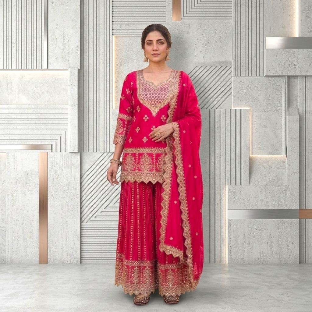 Heavy embroidered short top sharara suit set
