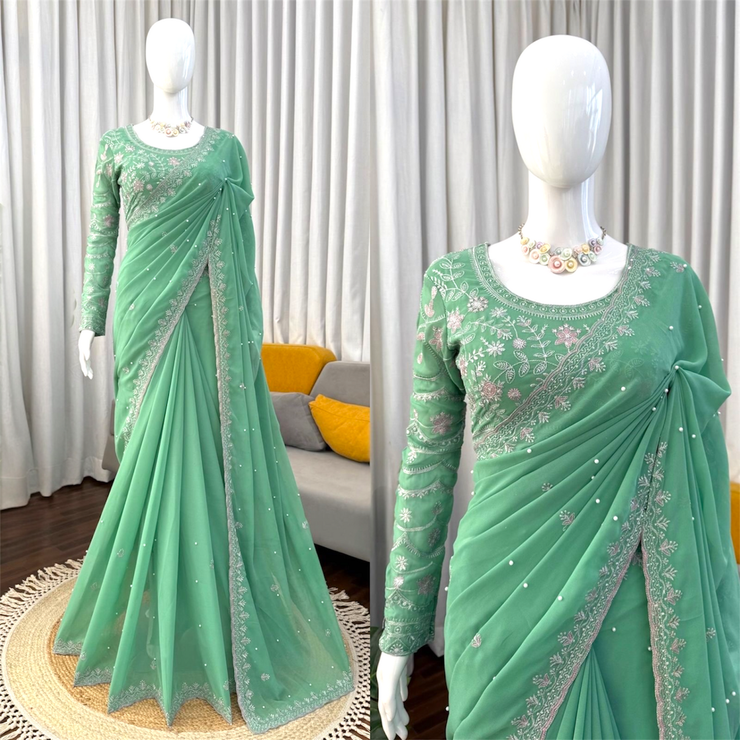 Sequined and pearl work saree and blouse set.