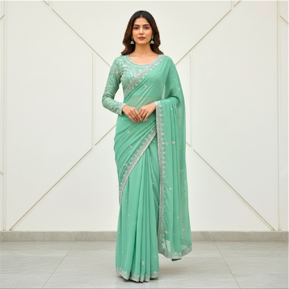 Sequined and pearl work saree and blouse set.