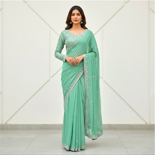 Sequined and pearl work saree and blouse set.