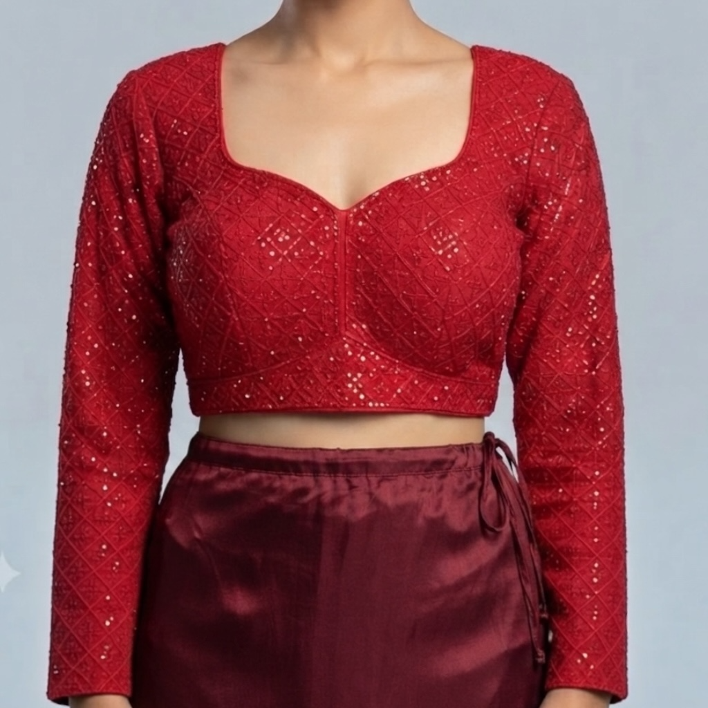 Arch base sequin and embroidered long net sleeve blouse