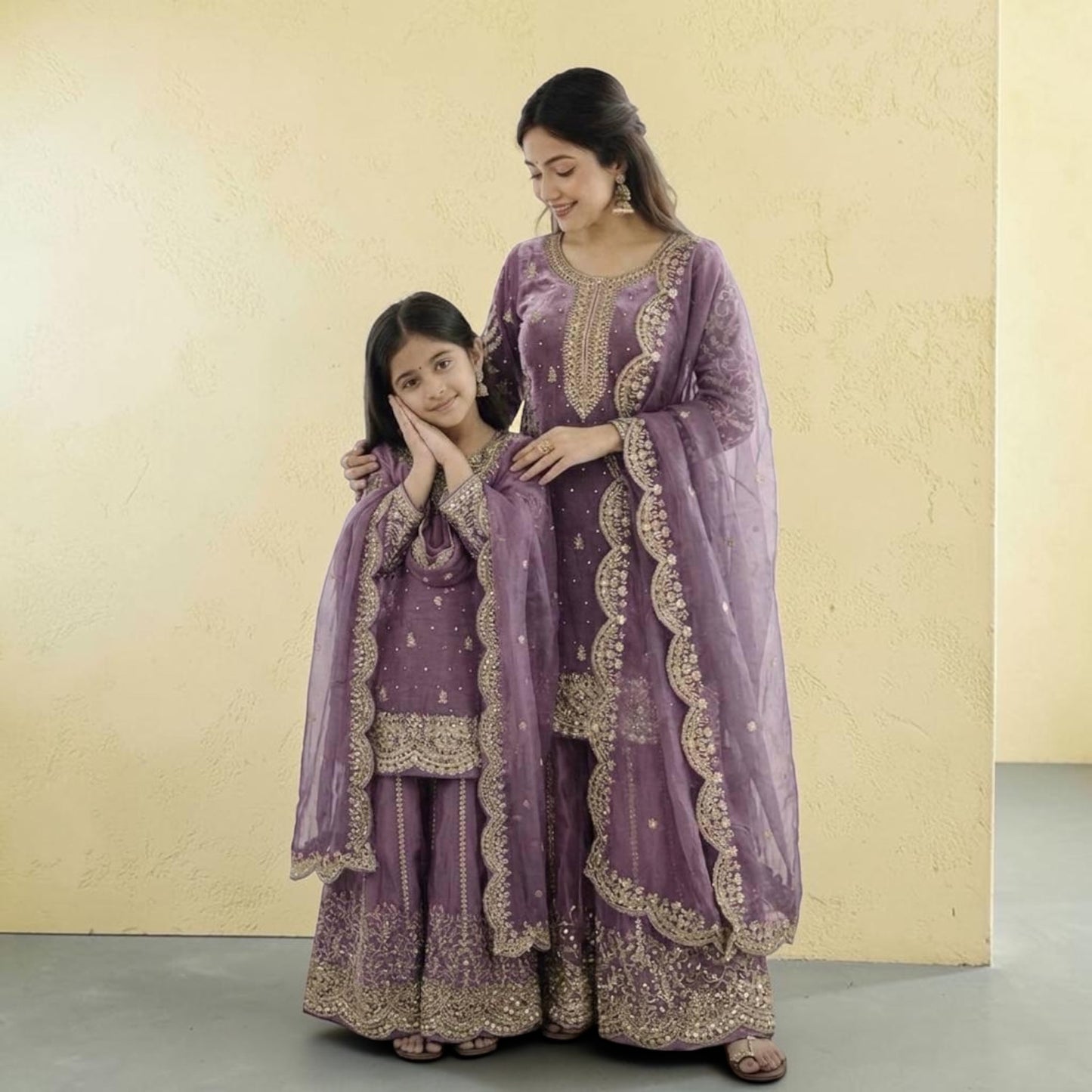 Heavy Embroidered Mother-Daughter Sharara Combo set