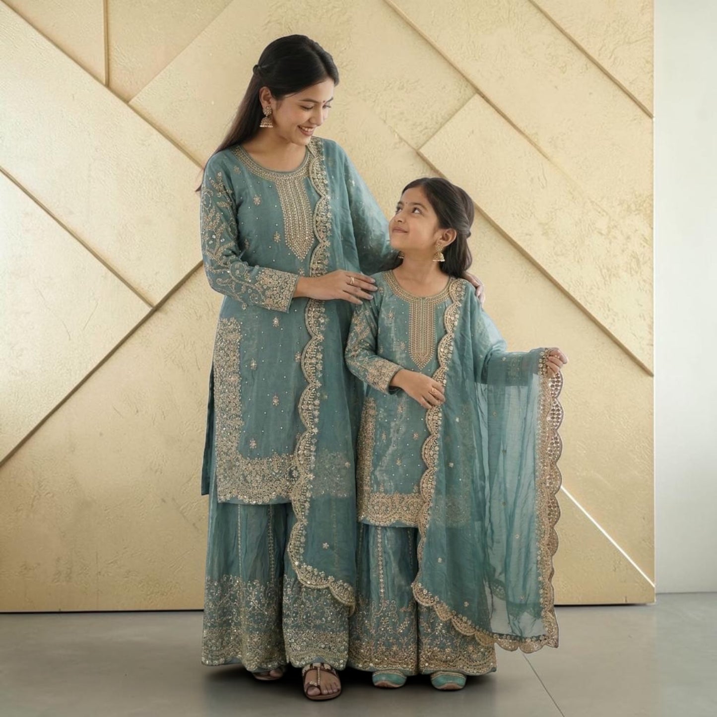 Heavy Embroidered Mother-Daughter Sharara Combo set