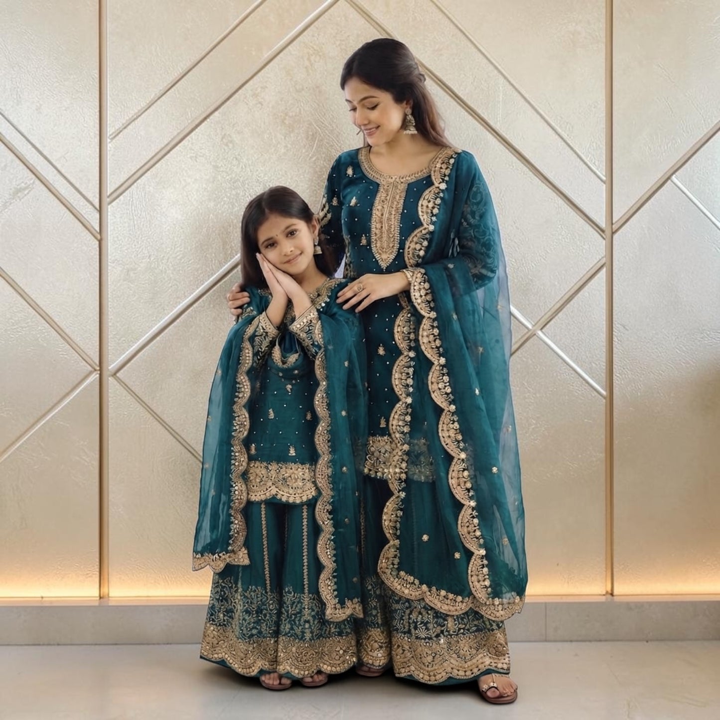 Heavy Embroidered Mother-Daughter Sharara Combo set